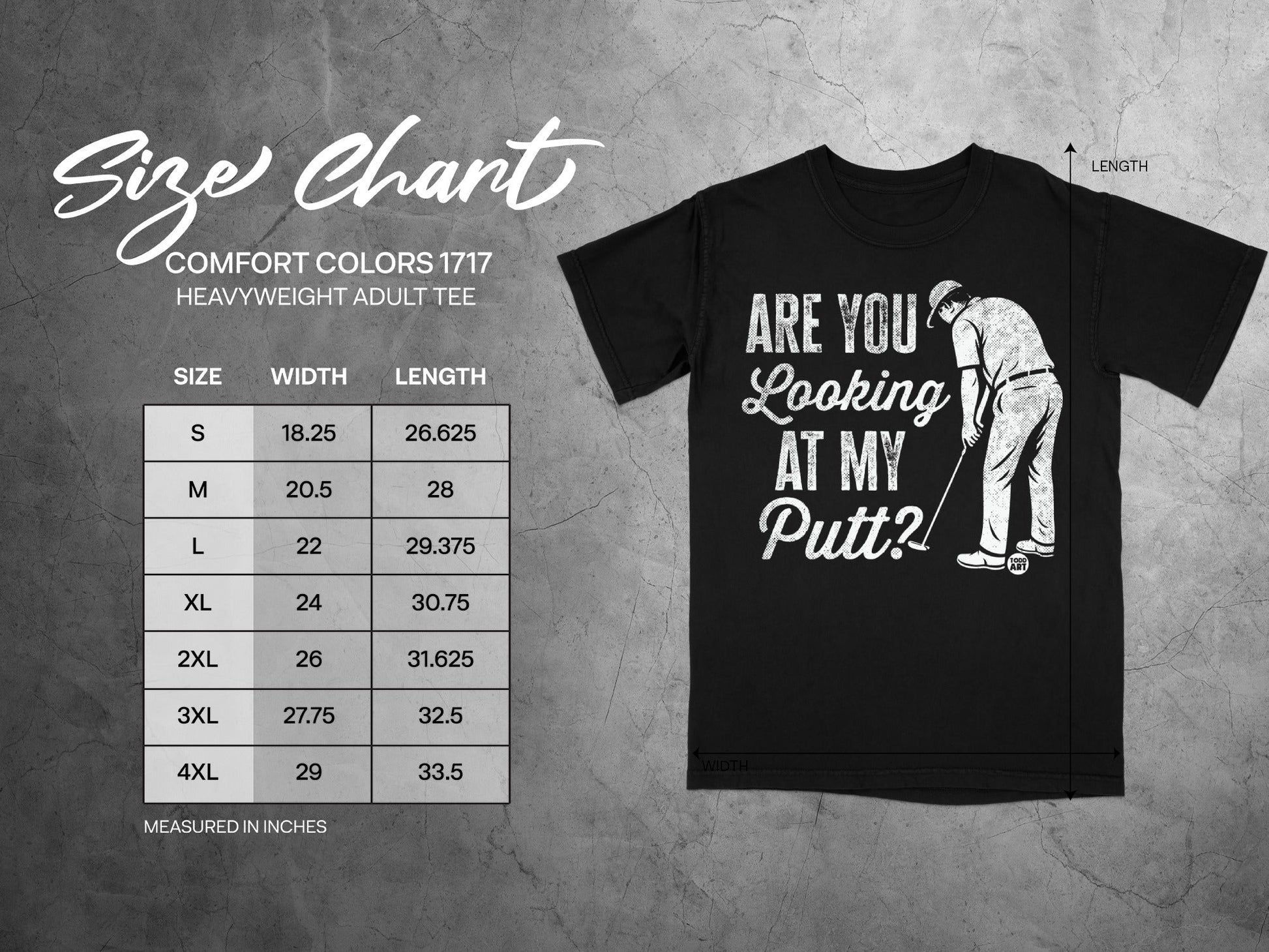 Size chart for Comfort Colors 1717 Heavyweight Adult Tee with measurements.