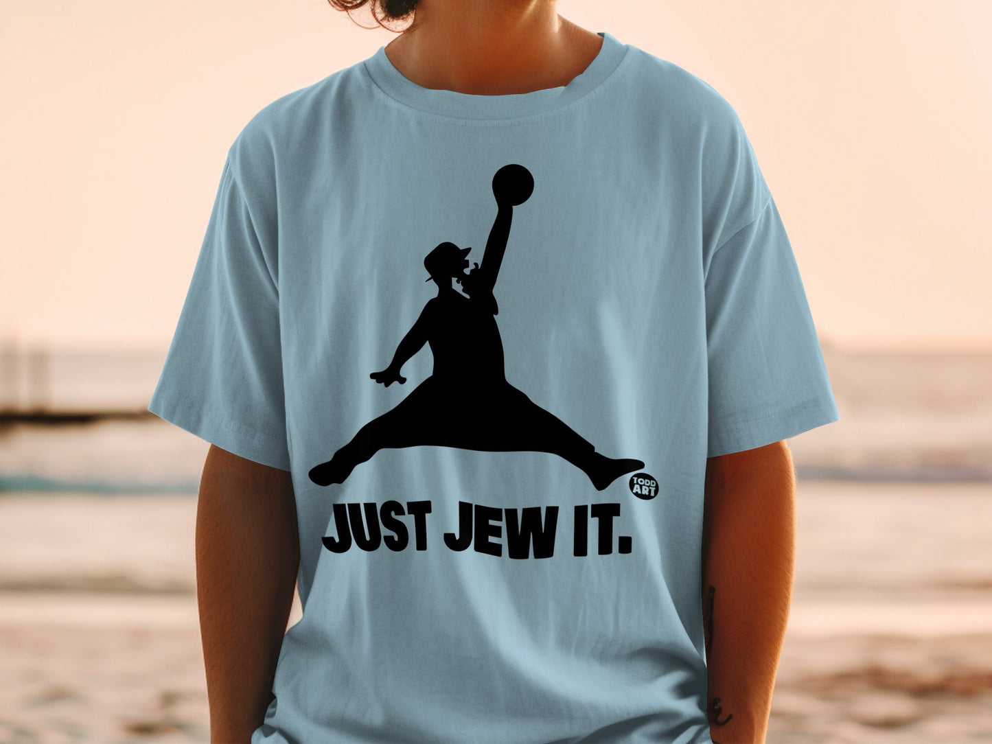 Black silhouette of a man in a fedora jumping with a basketball, "JUST JEW IT."