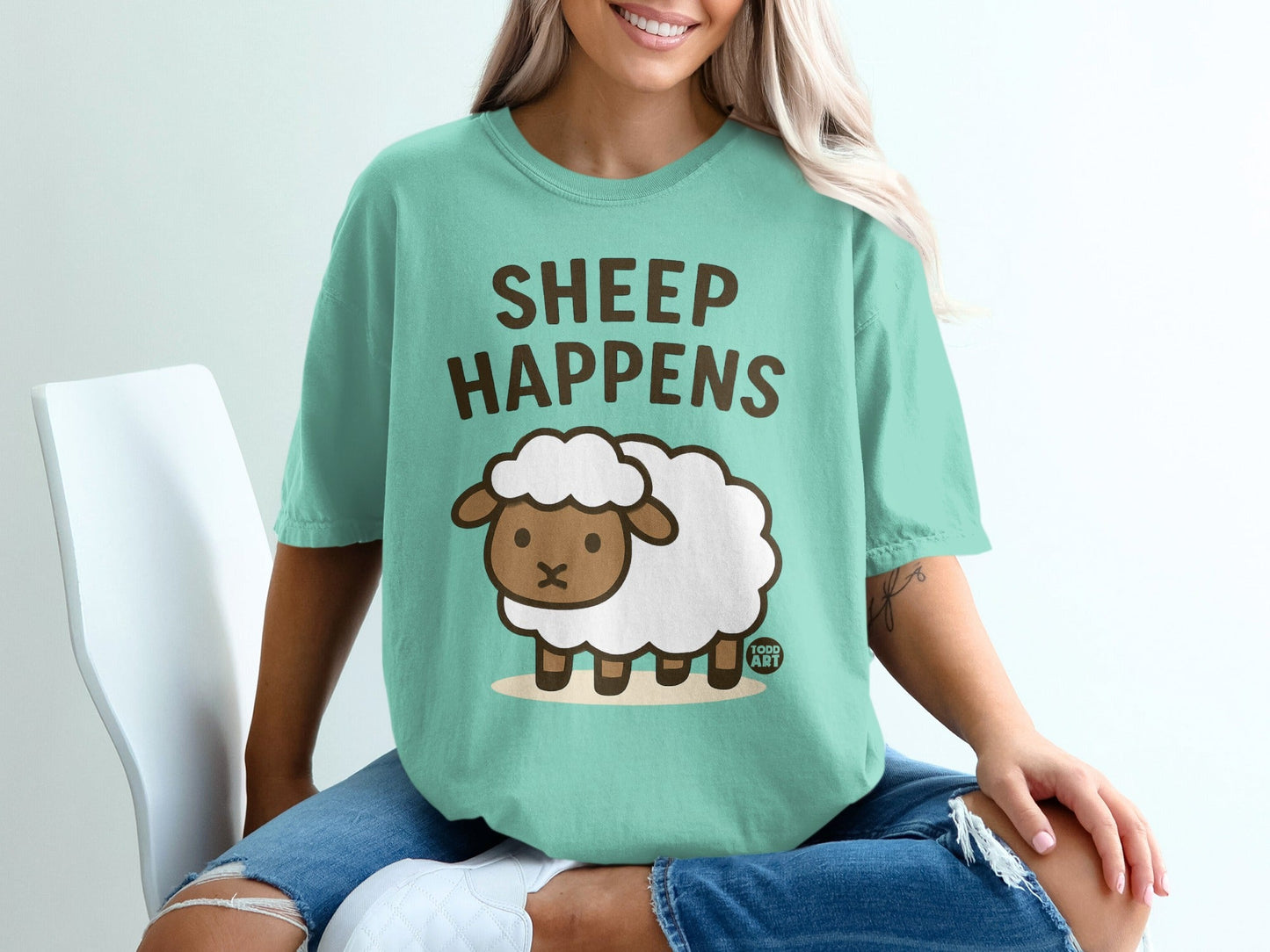 Sheep Happens Cute Fun Green Graphic T-Shirt
