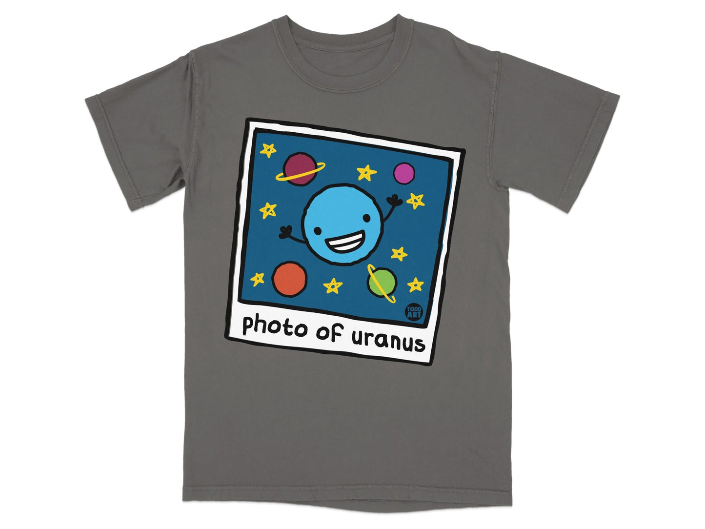 T-shirt with cartoon blue planet and "photo of uranus" text.