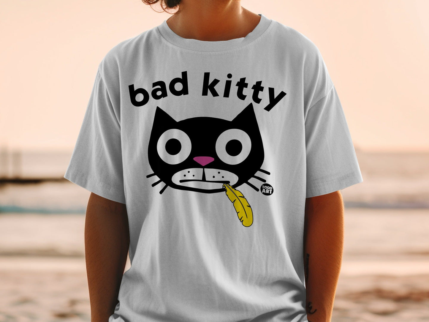 Funny Bad Kitty Graphic with Yellow Feather T-Shirt