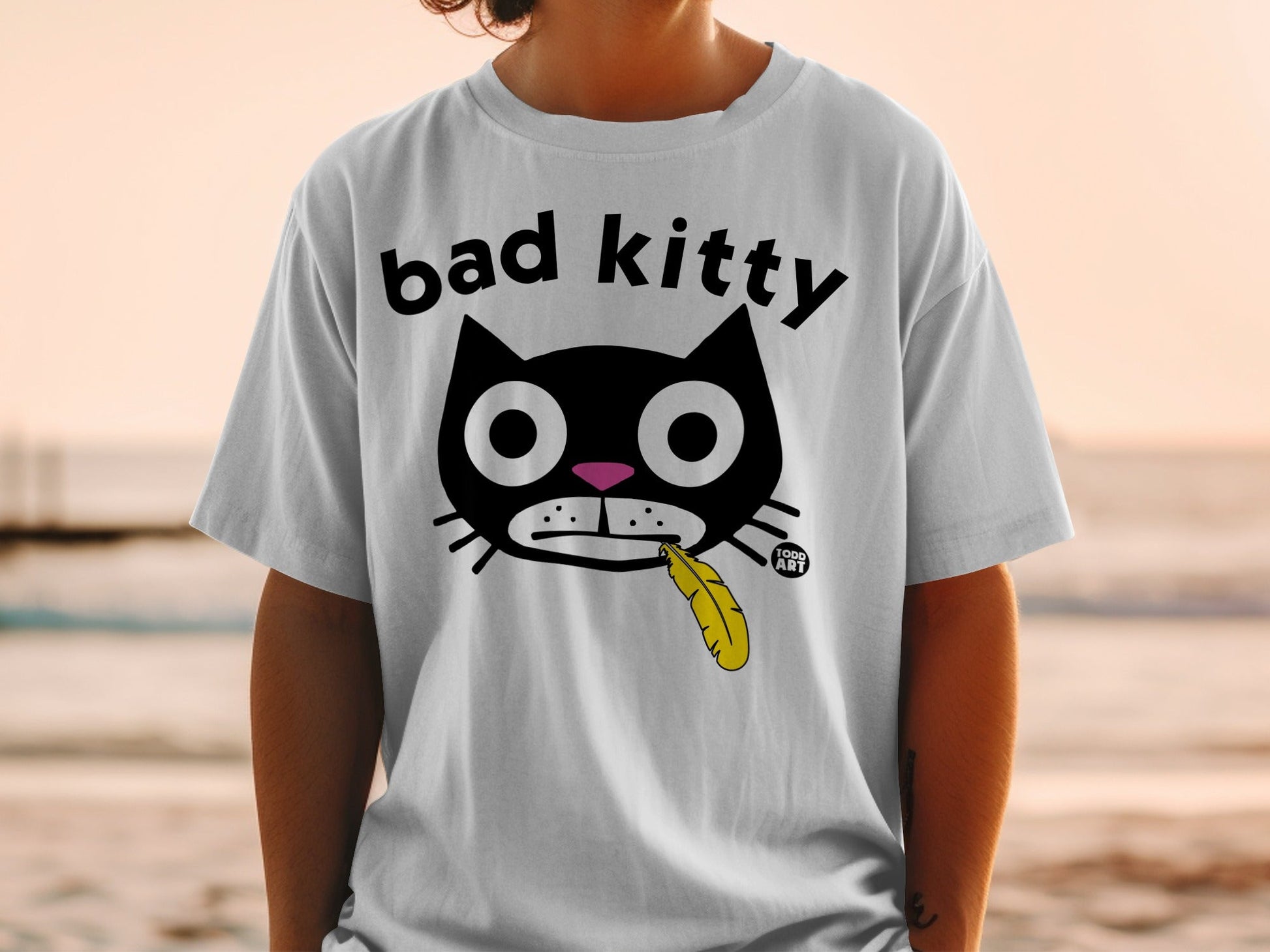 Funny Bad Kitty Graphic with Yellow Feather T-Shirt