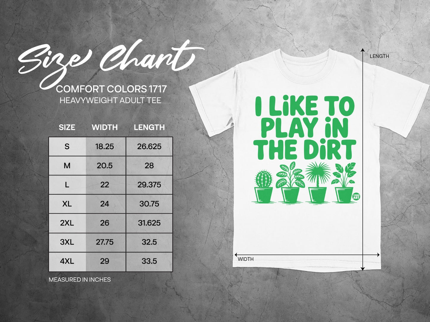 Comfort Colors 1717 size chart for heavyweight adult tee with plant graphic.