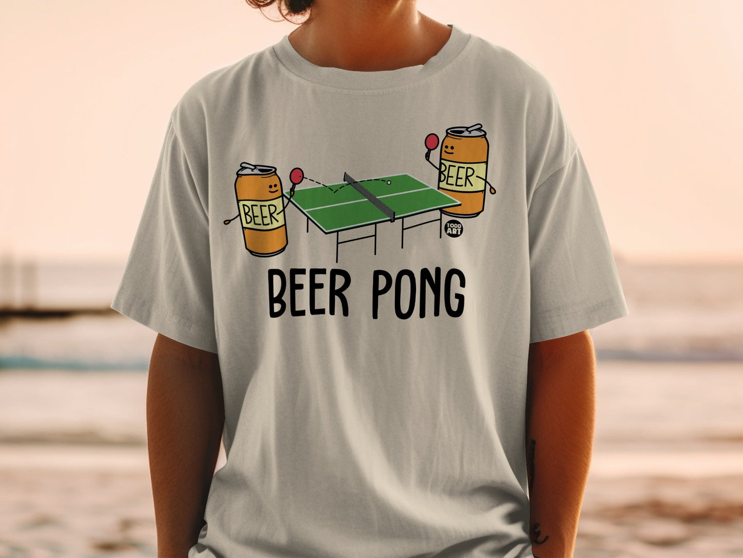 Fun Beer Pong Graphic Tee with Cartoon Characters