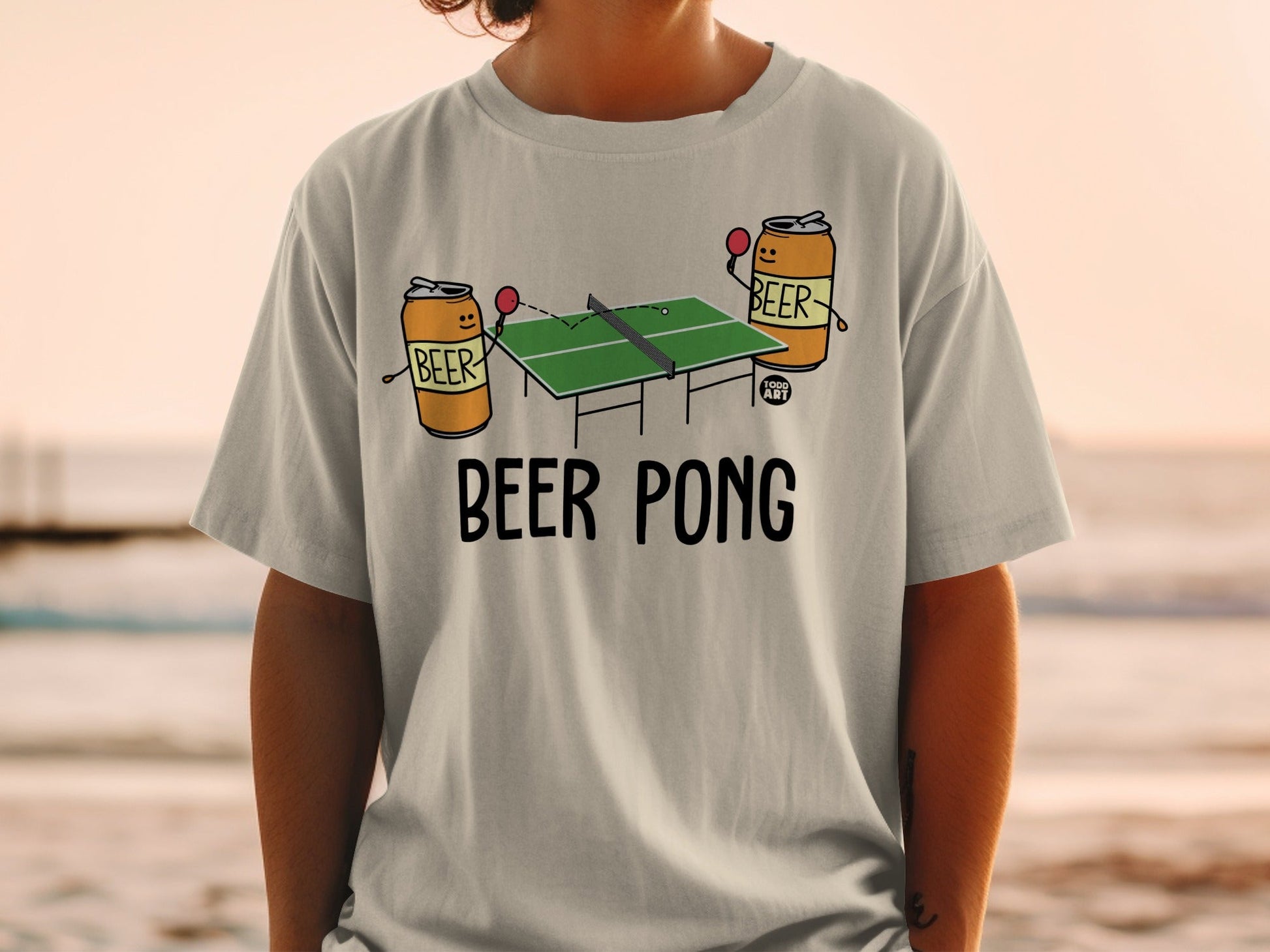 Fun Beer Pong Graphic Tee with Cartoon Characters