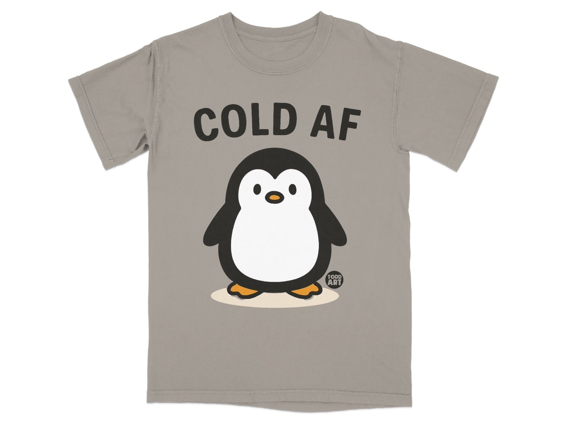 Grey t-shirt with "COLD AF" and a cartoon penguin.