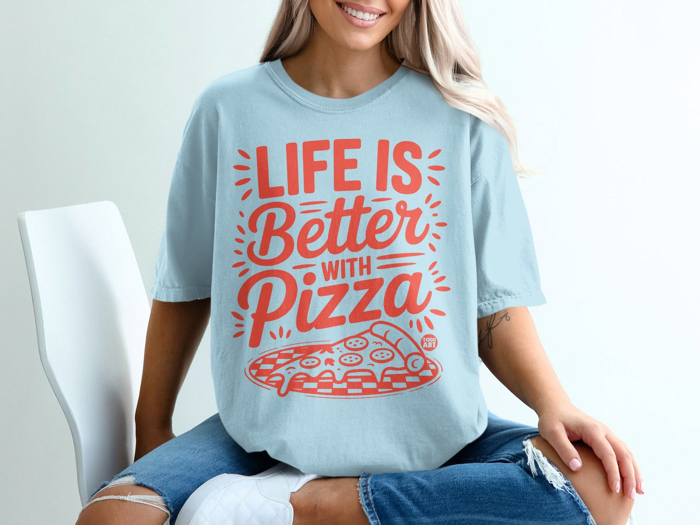 Light blue t-shirt with "Life is Better with Pizza" and pizza graphic.