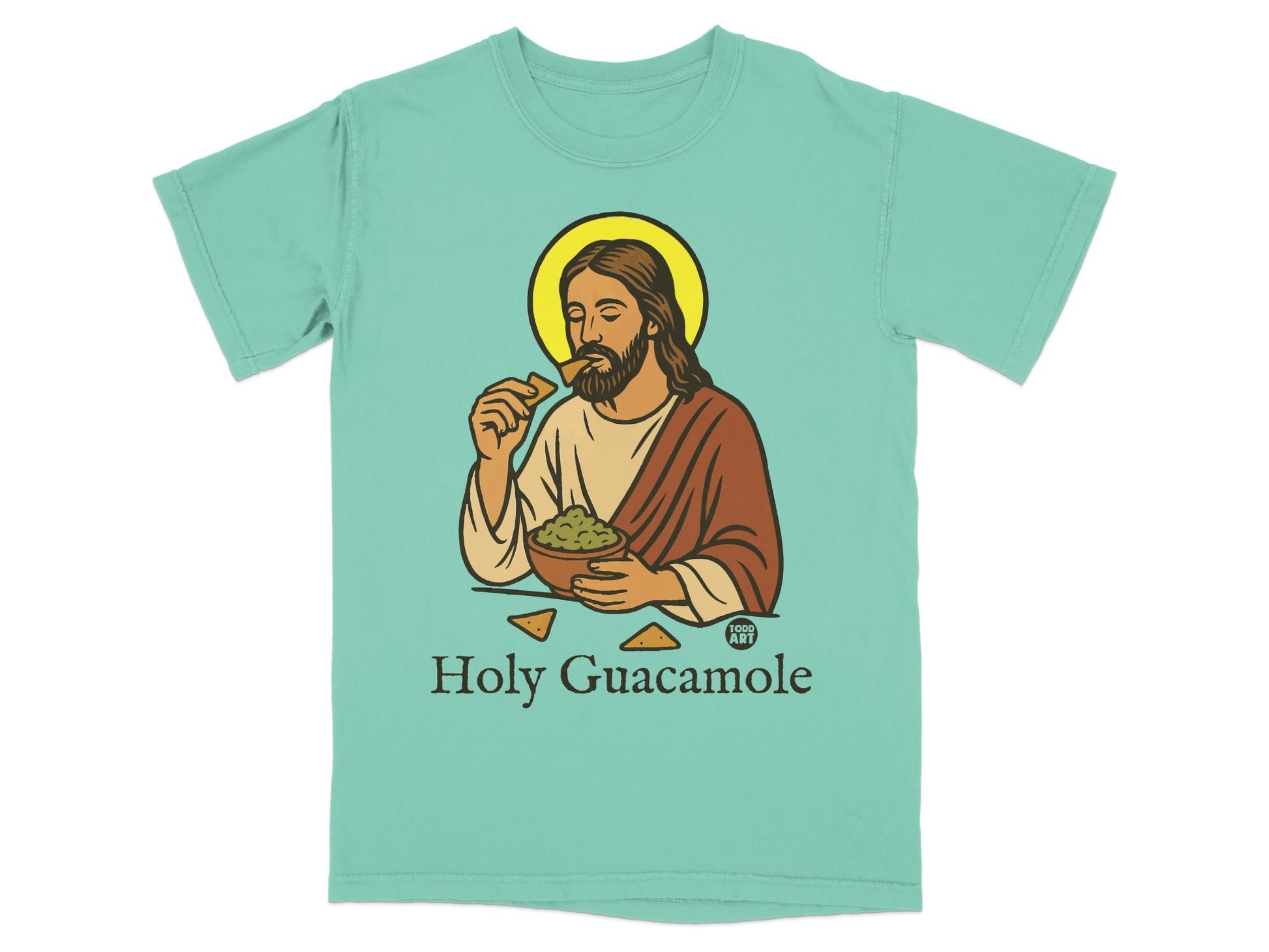 T-shirt with illustration of Jesus eating guacamole with tortilla chips.
