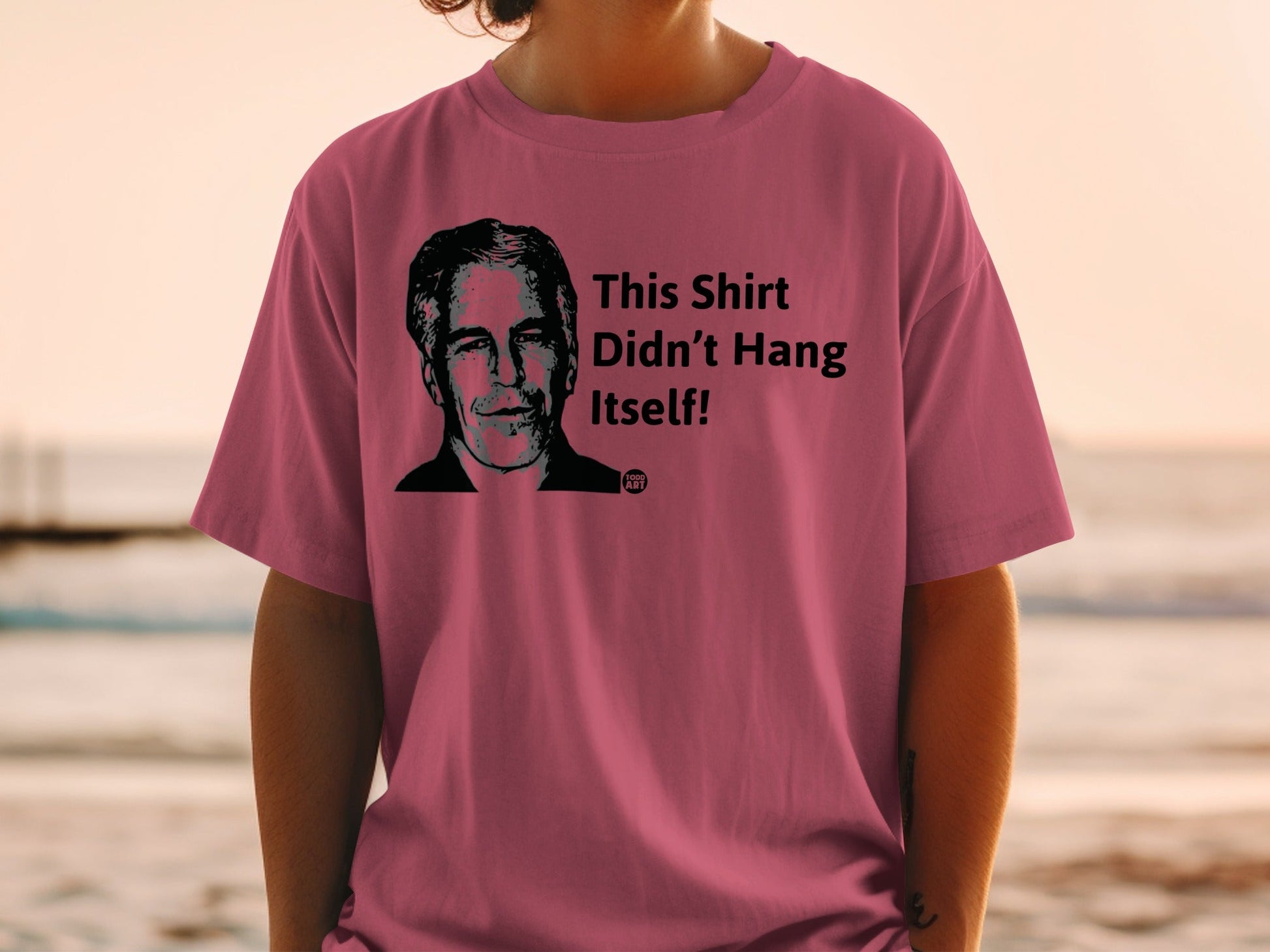 T-shirt with graphic of Jeffrey Epstein and text "This Shirt Didn't Hang Itself!"