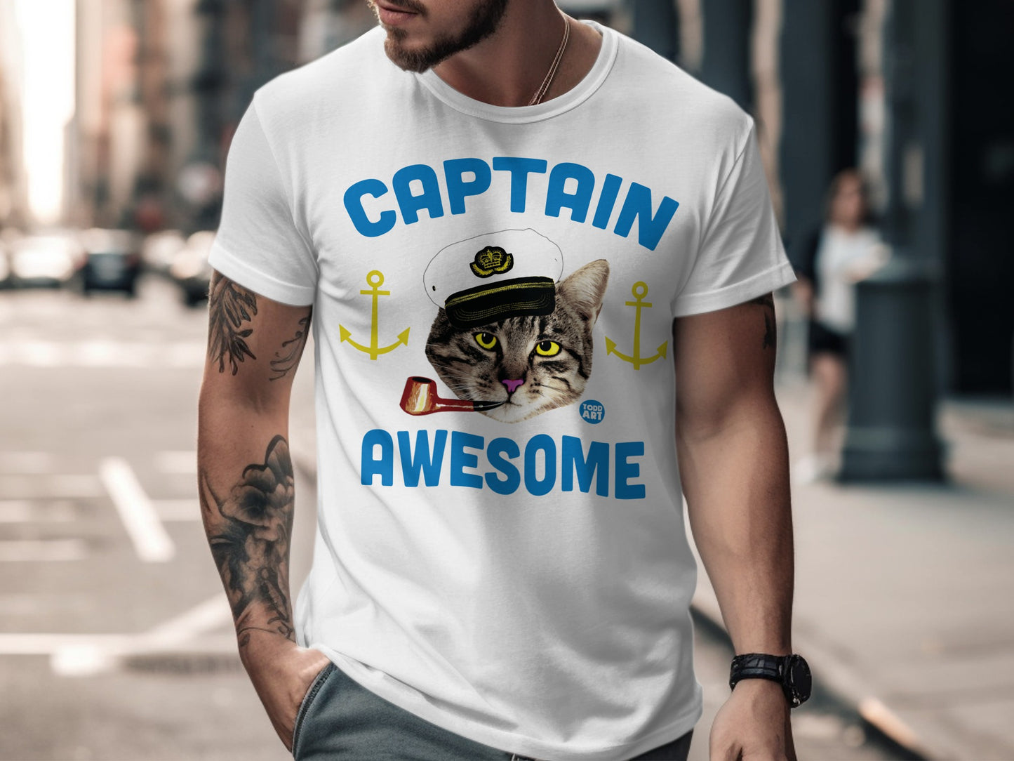 Captain Awesome Cat with Pipe Funny Graphic T-Shirt