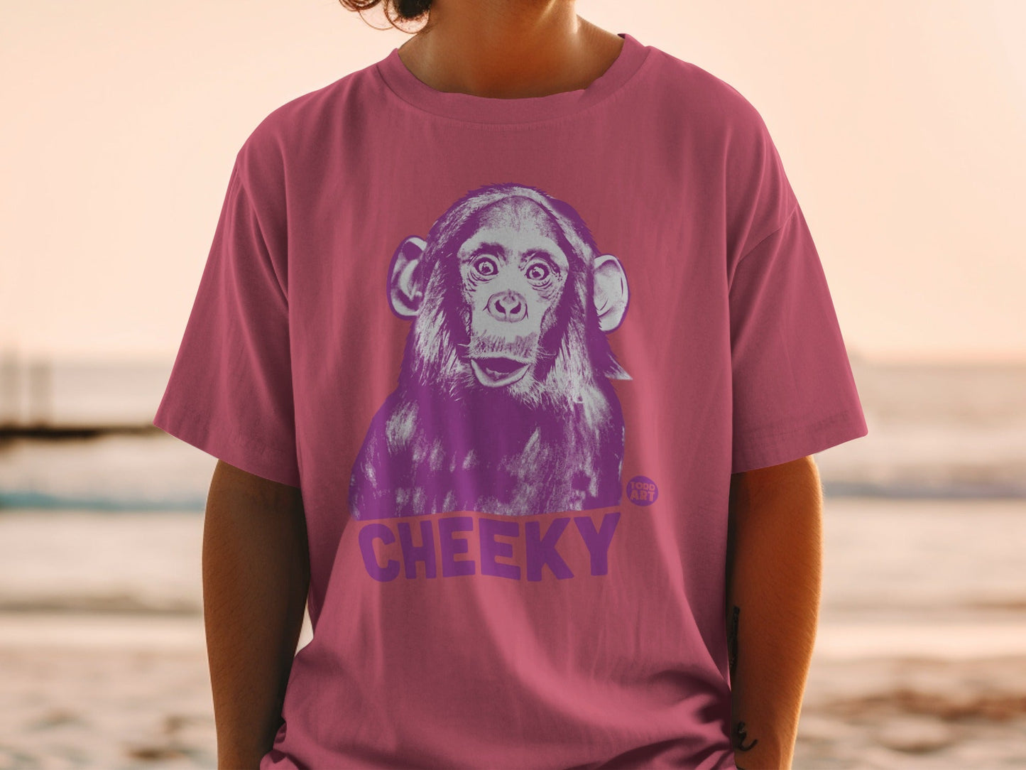 Pink t-shirt with purple monkey graphic and "CHEEKY" text.