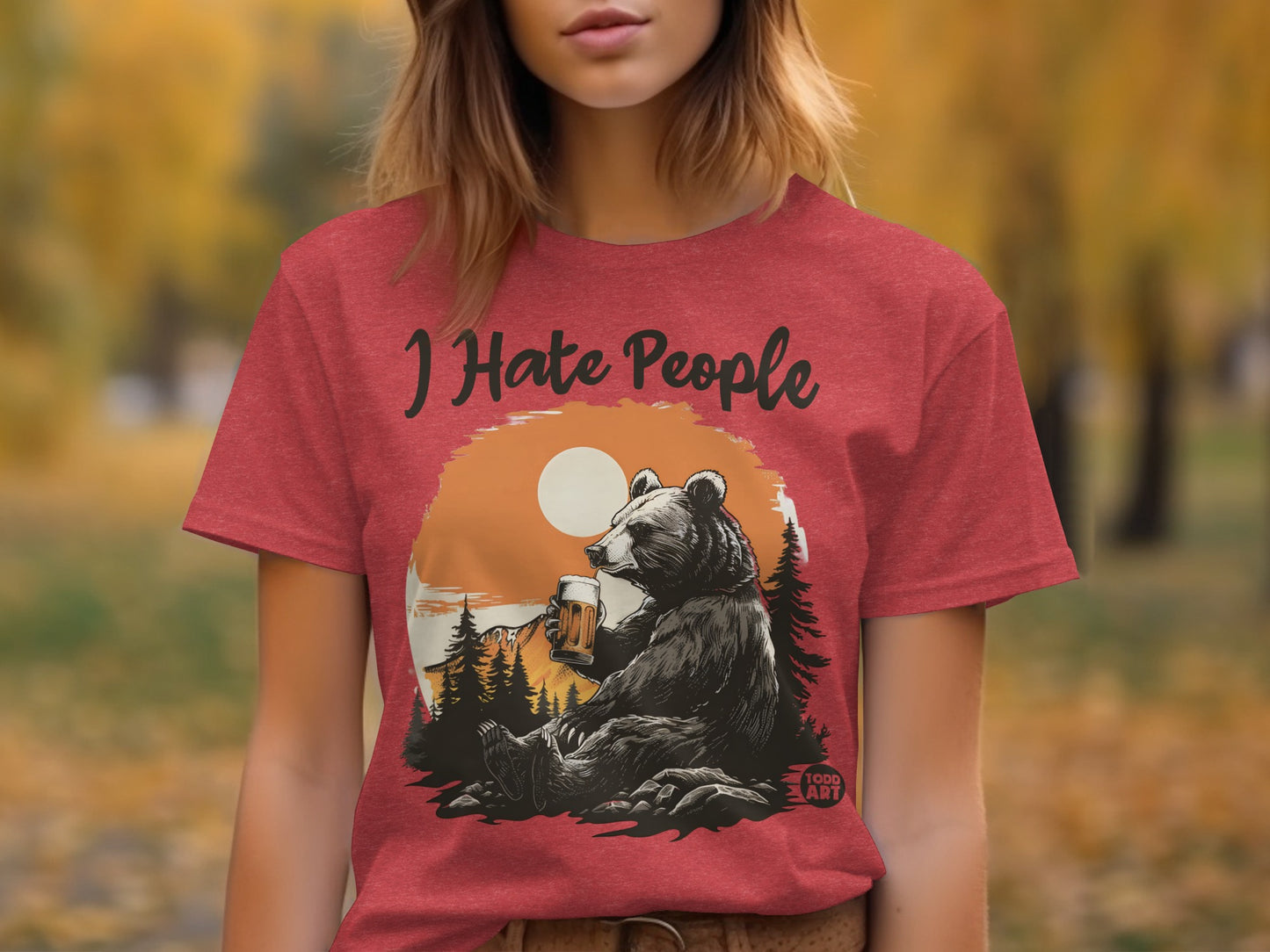 I Hate People Bear Drinking Beer Graphic T-Shirt