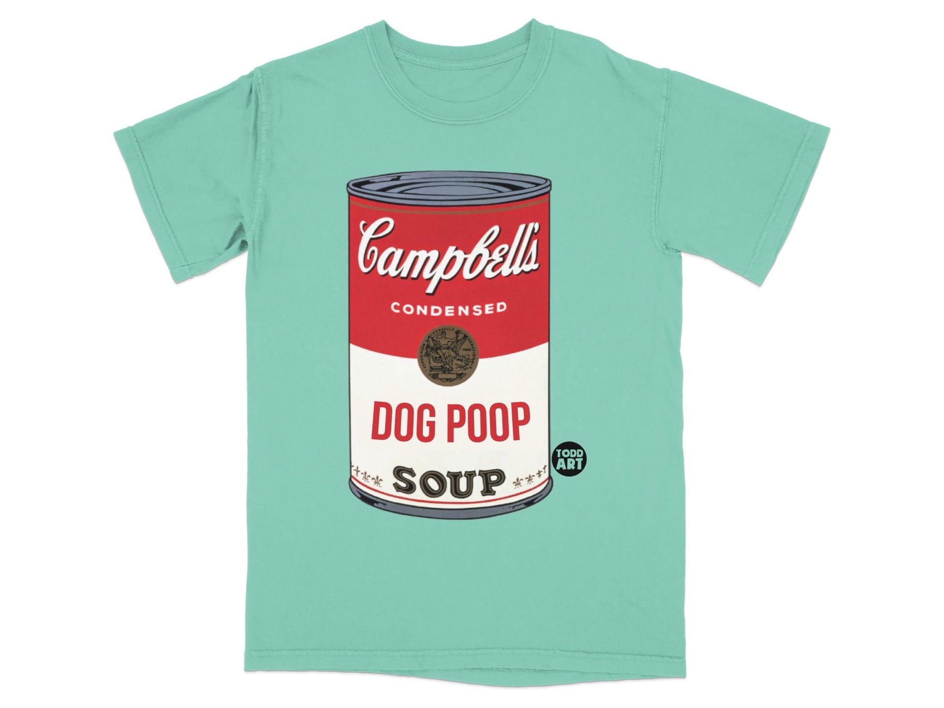 Green t-shirt with Campbell's Dog Poop Soup logo.