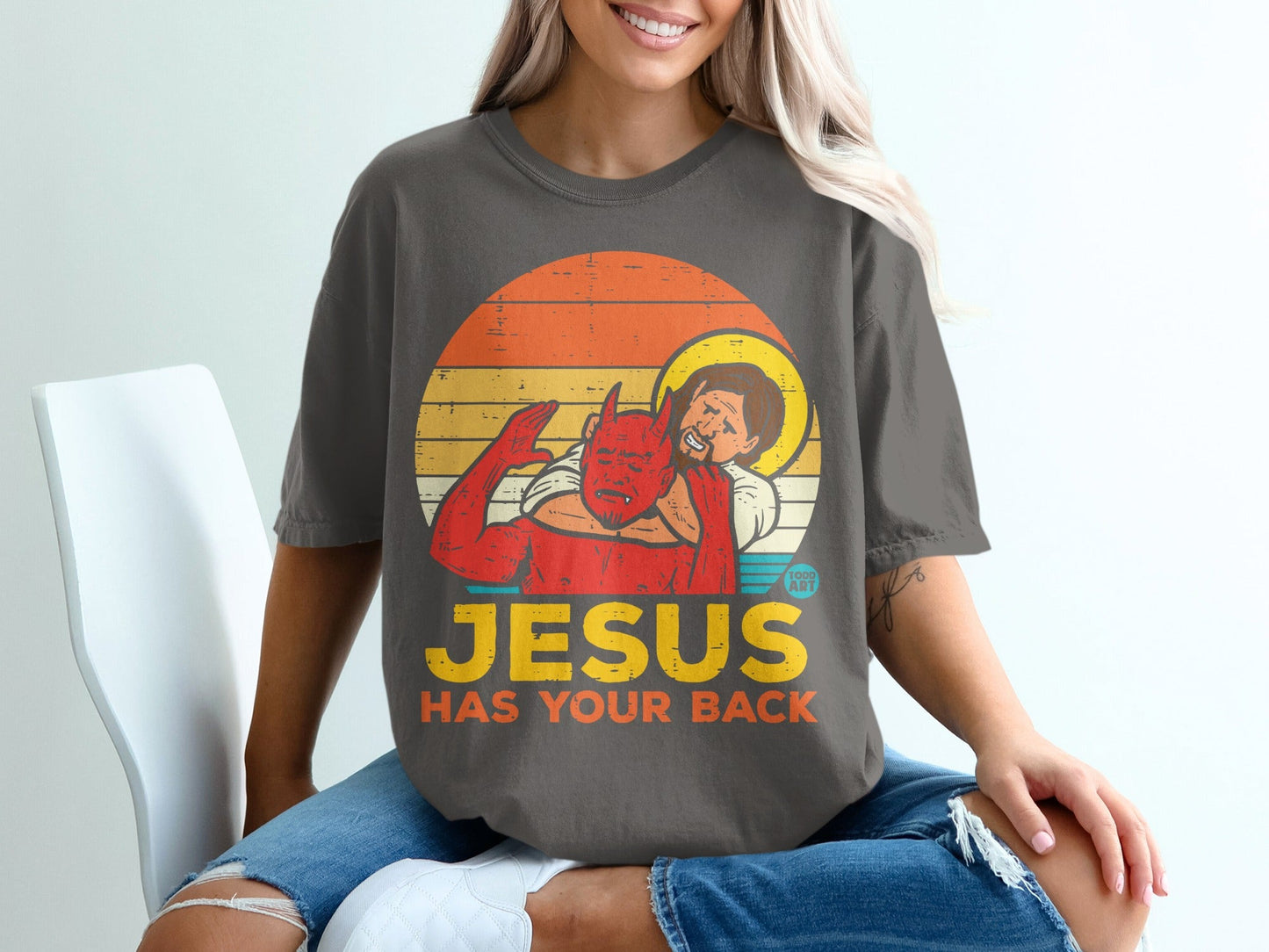 Jesus hugging devil with text "Jesus has your back".