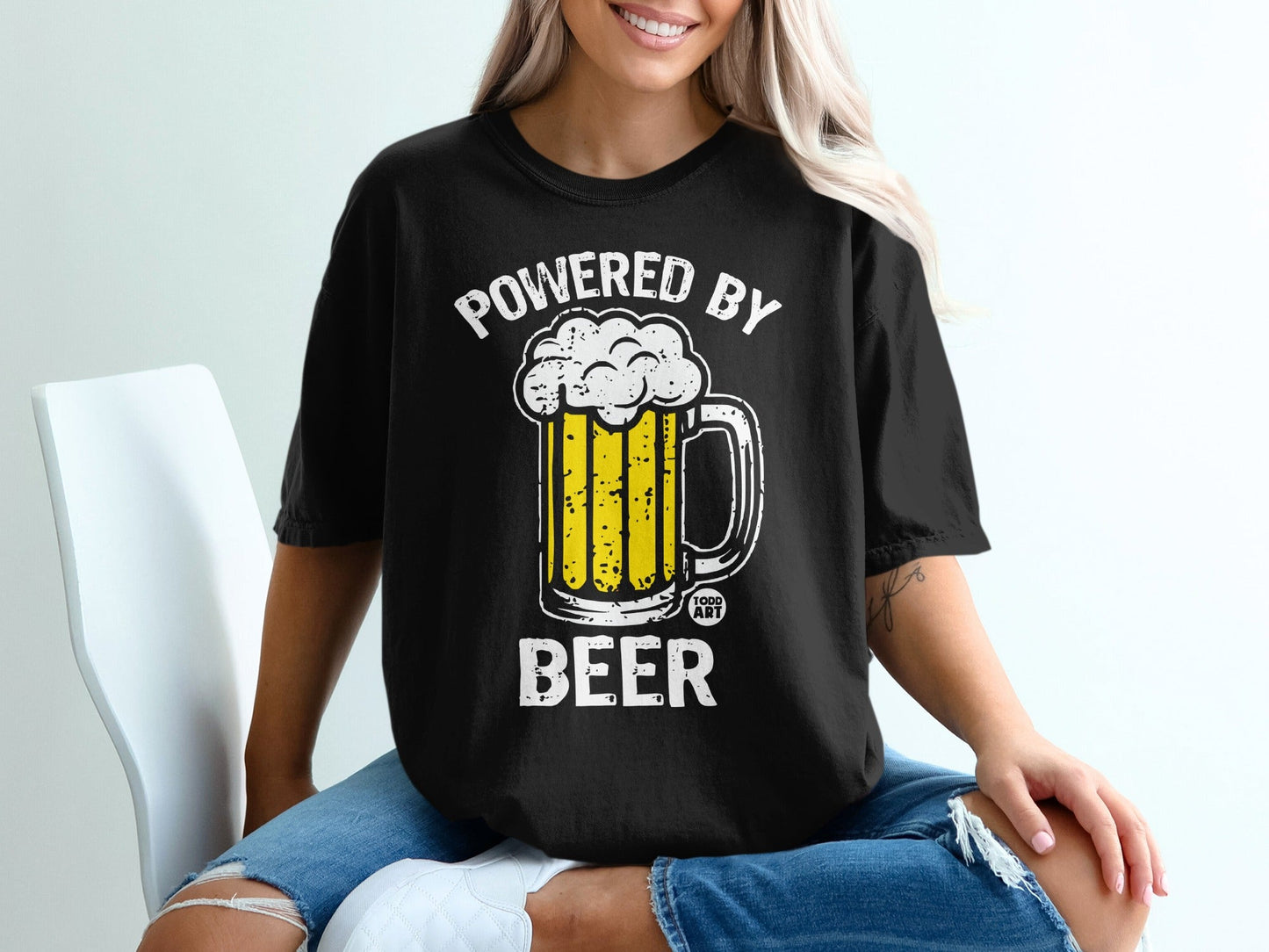 Powered By Beer Graphic T-Shirt Fun Drinking Tee
