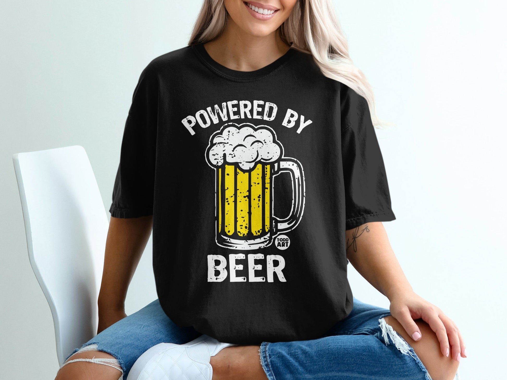 Powered By Beer Graphic T-Shirt Fun Drinking Tee