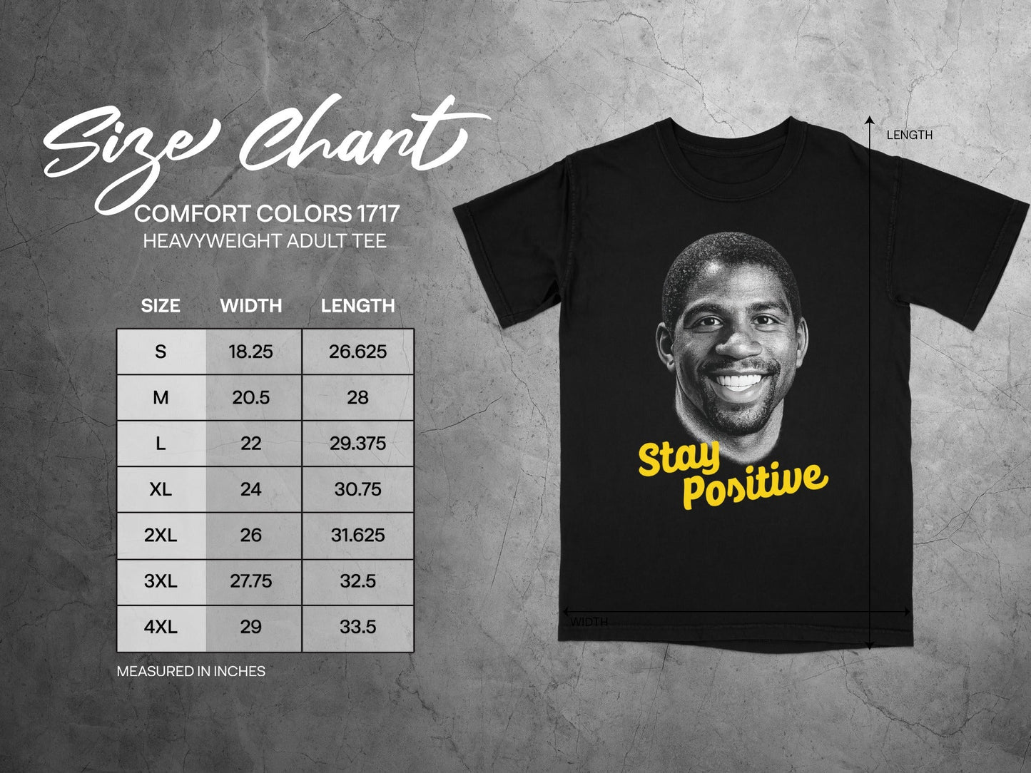 Magic Johnson wearing a "Stay Positive" t-shirt with a size chart.