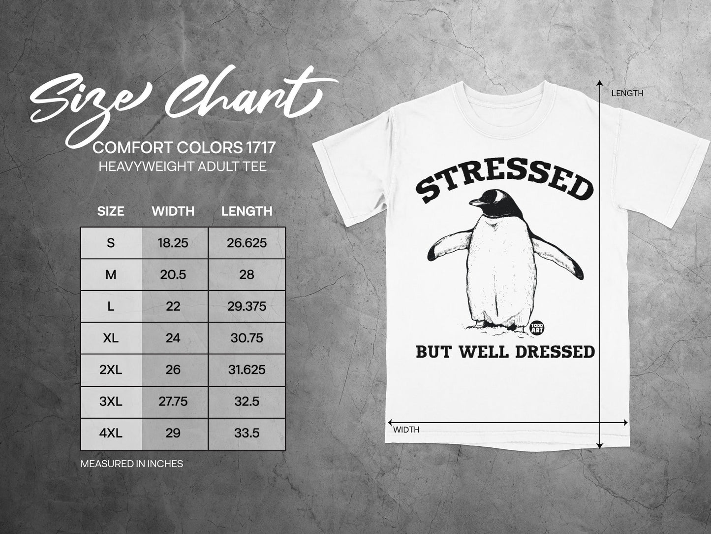 Size chart for Comfort Colors 1717 heavyweight adult tee with penguin graphic.
