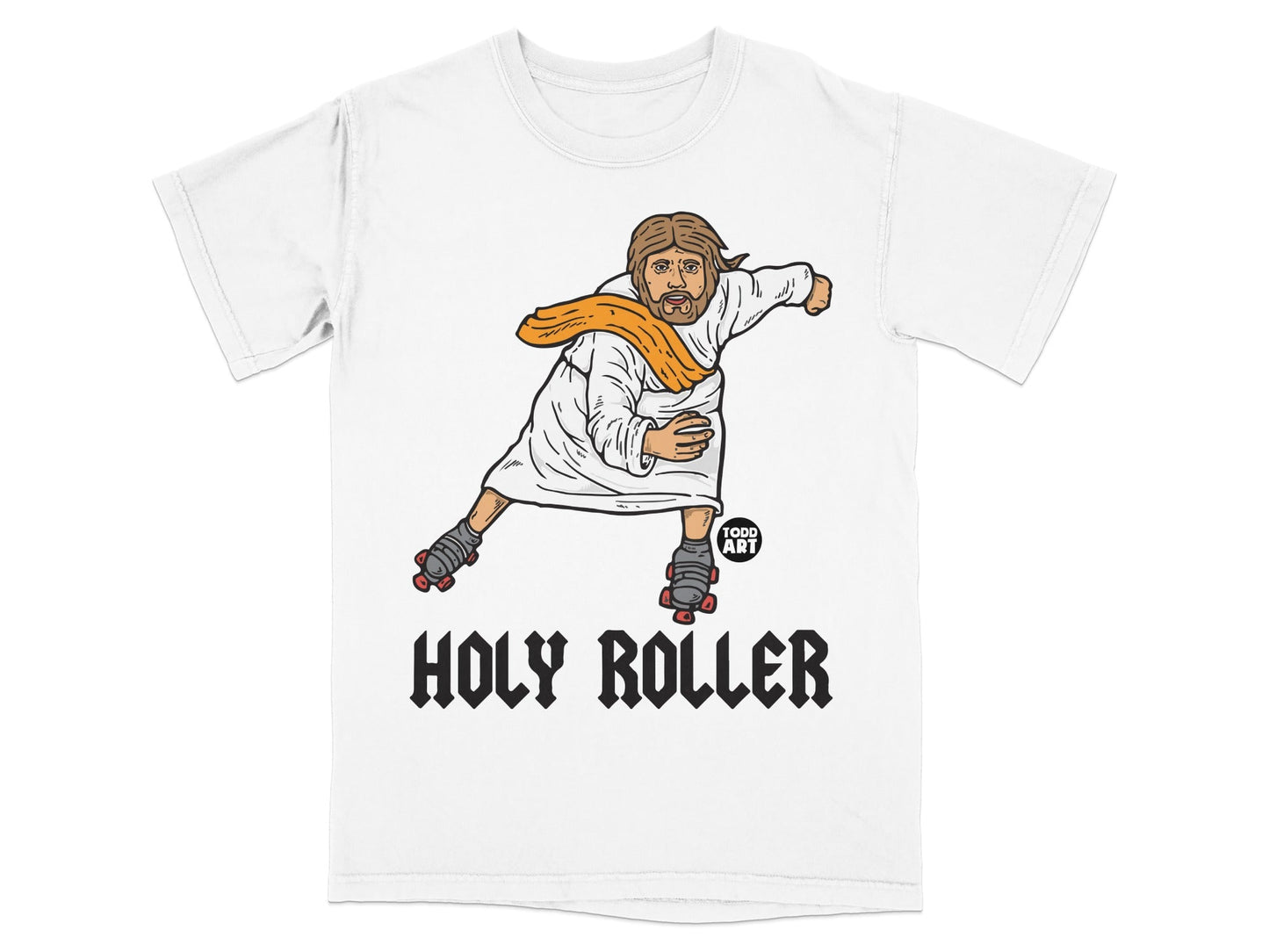 Jesus on roller skates wearing an orange scarf, with "Holy Roller" text.