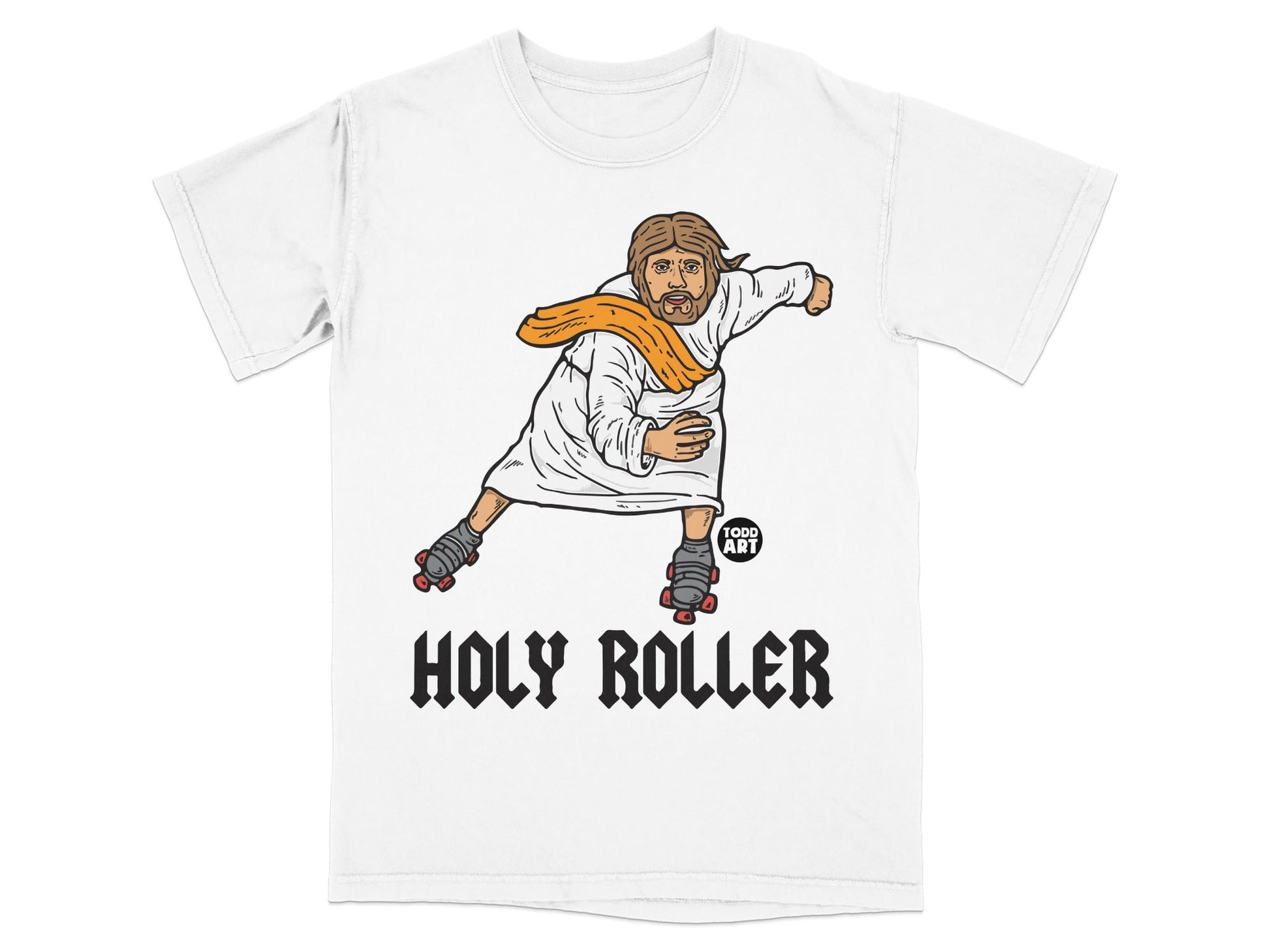 Jesus on roller skates wearing an orange scarf, with "Holy Roller" text.
