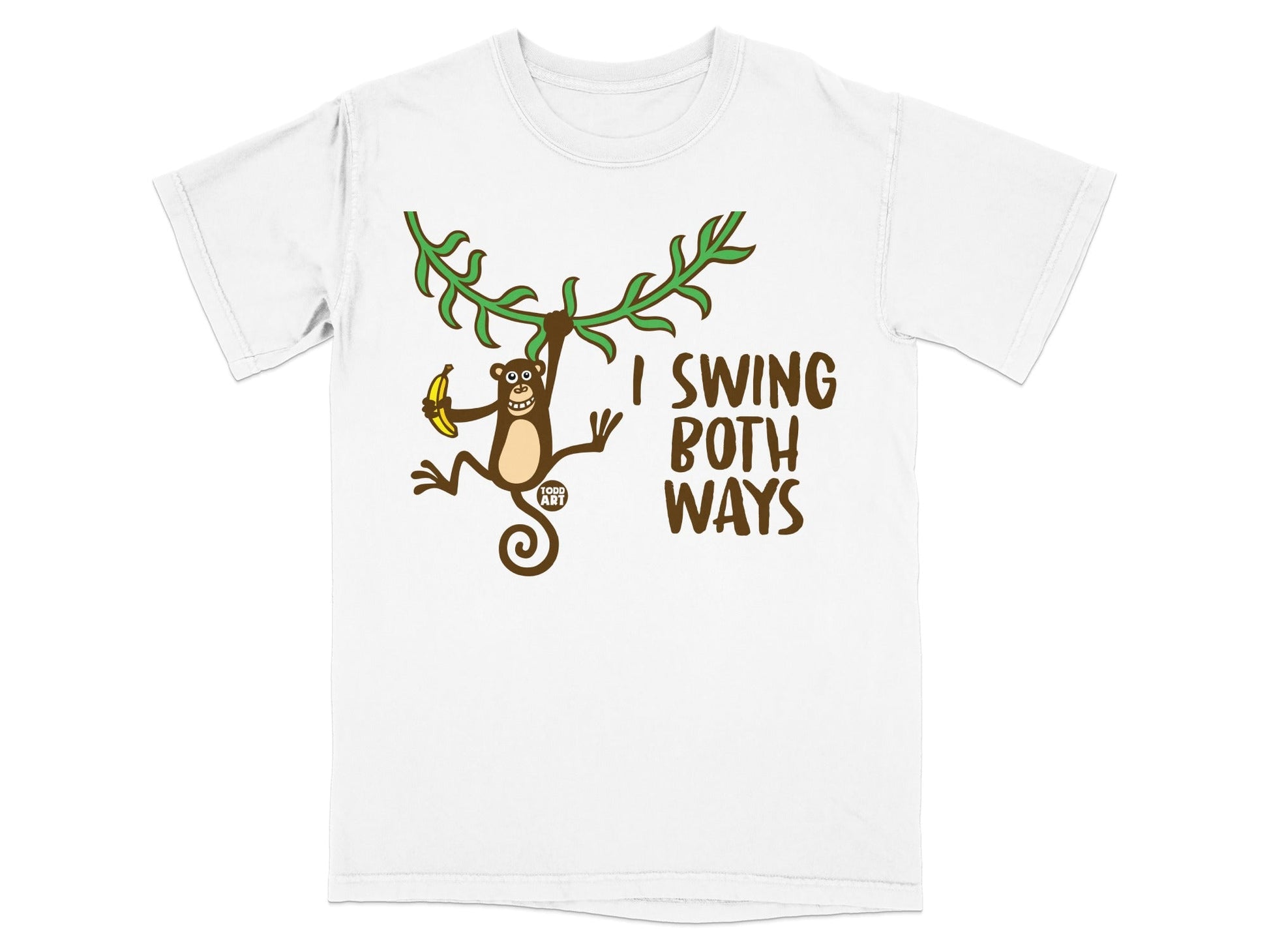 White t-shirt with a monkey swinging and the text "I SWING BOTH WAYS".