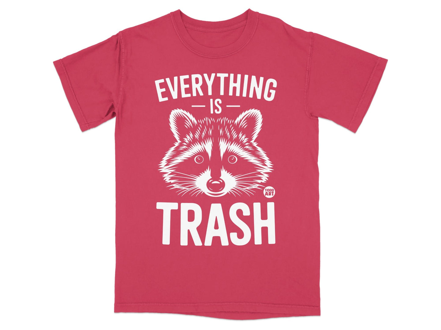 Red t-shirt with raccoon graphic and "Everything is Trash" text.