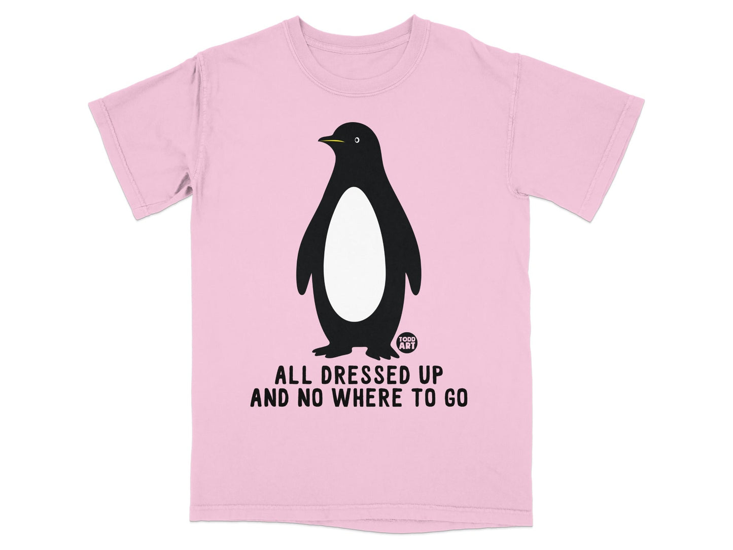 Pink t-shirt with a black and white penguin graphic and text.
