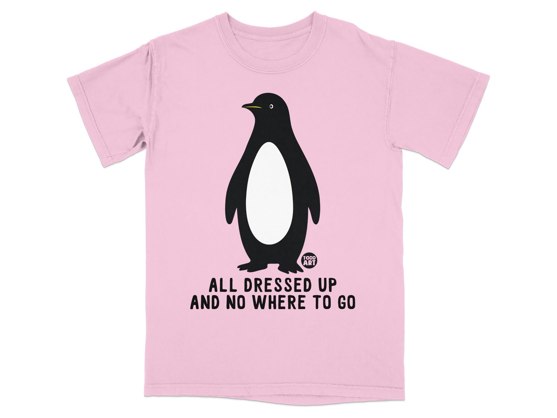 Pink t-shirt with a black and white penguin graphic and text.