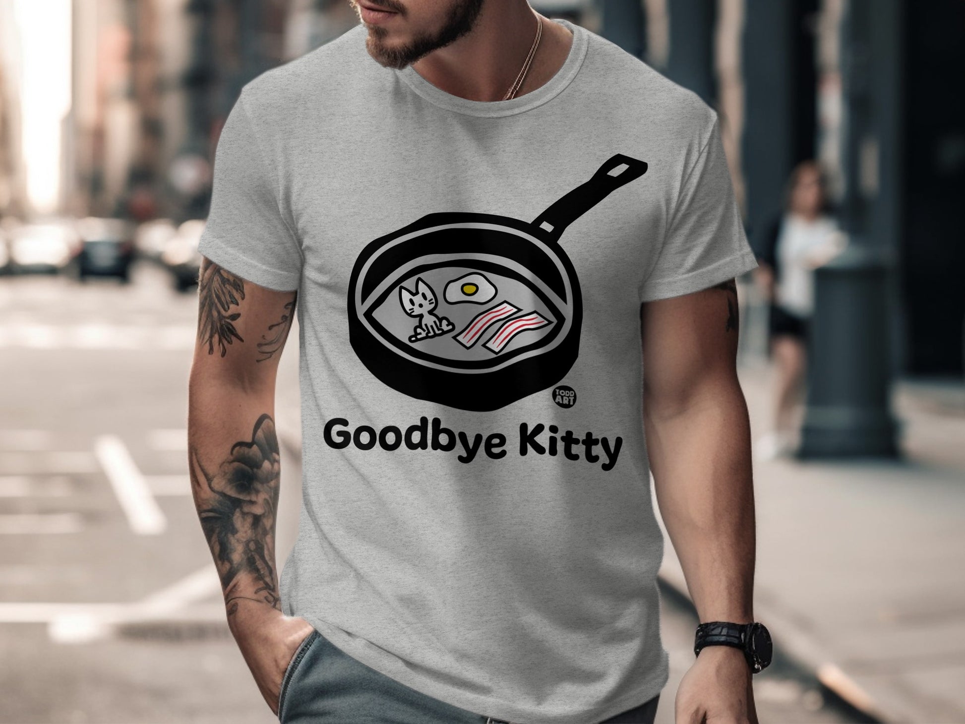 Goodbye Kitty Frying Pan Printed Funny T-Shirt