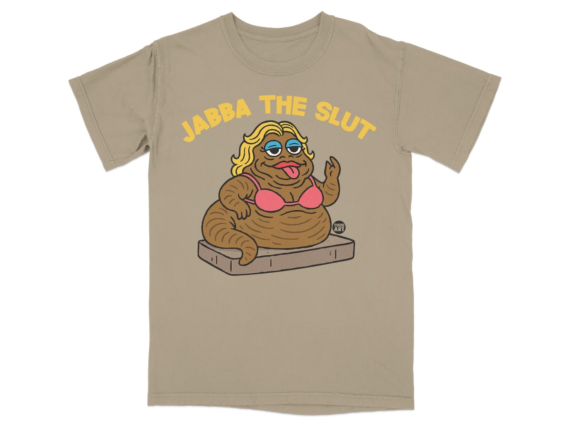 Jabba the Slut graphic tee with Jabba the Hutt character in pink bra.