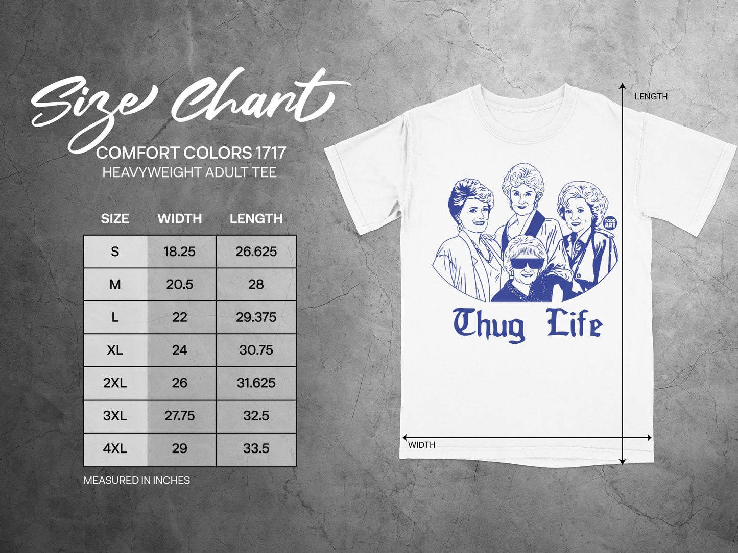 Size chart for Comfort Colors heavyweight adult tee with chest width and length measurements.