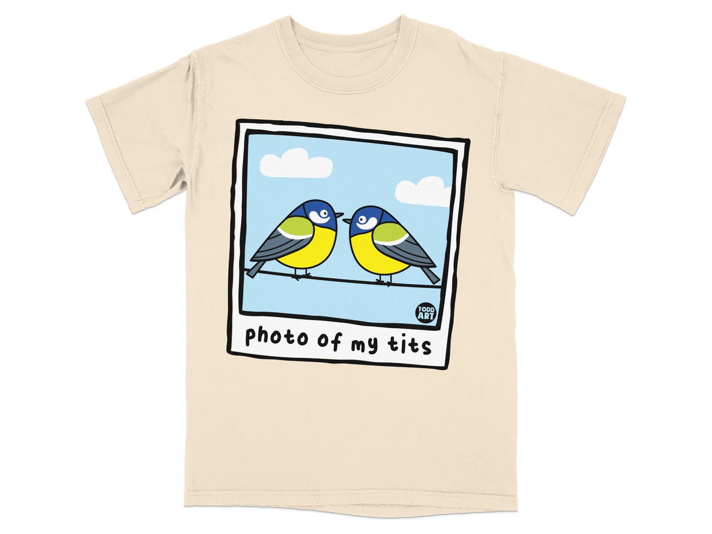Cartoon tits on a wire with text "photo of my tits".