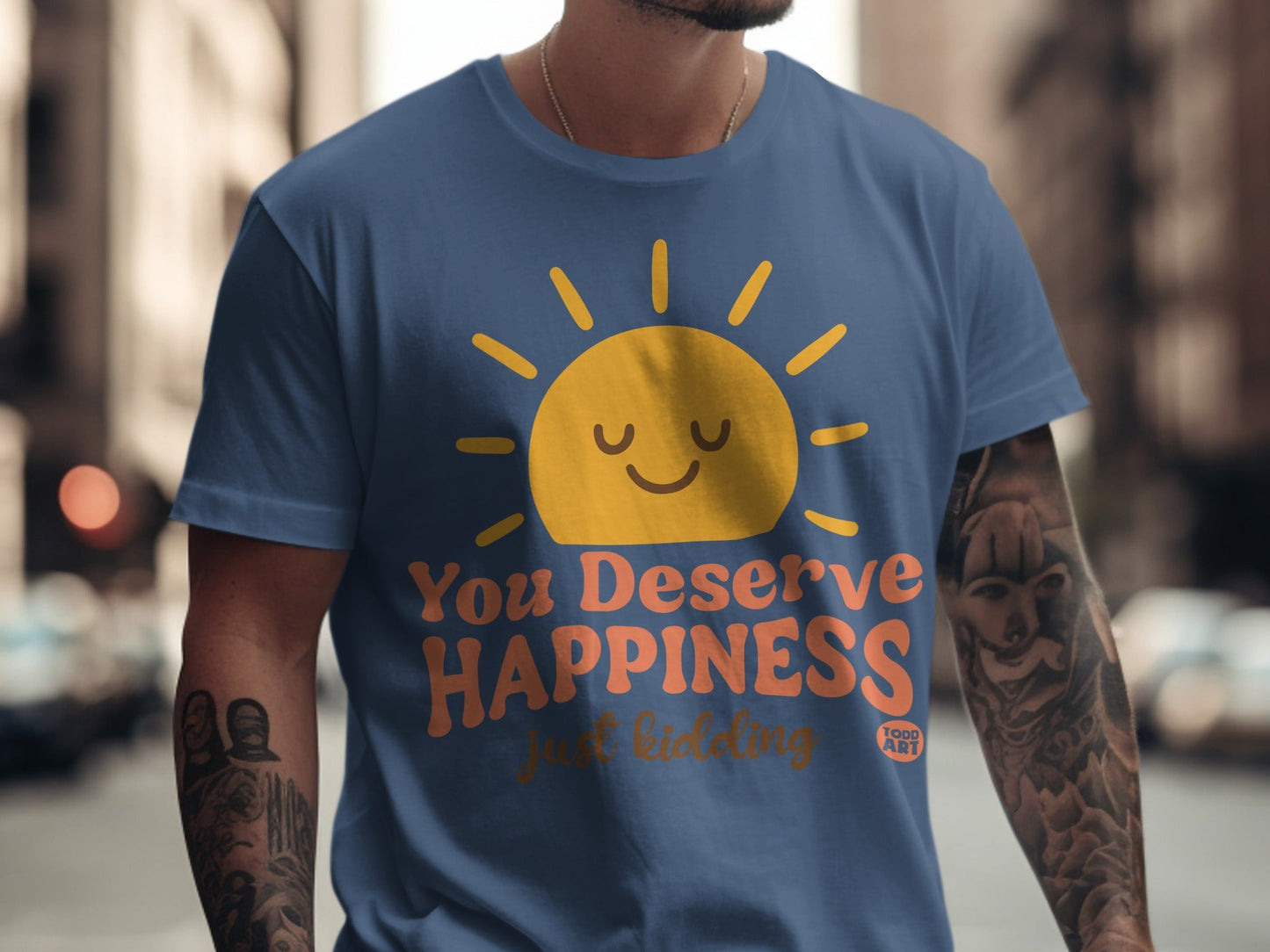 Navy t-shirt with a smiling sun and "You Deserve Happiness" text.