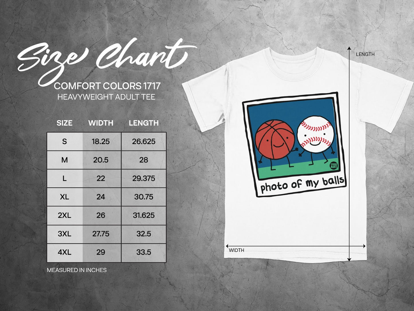 Size chart for Comfort Colors 1717 heavyweight adult tee with cartoon baseballs.