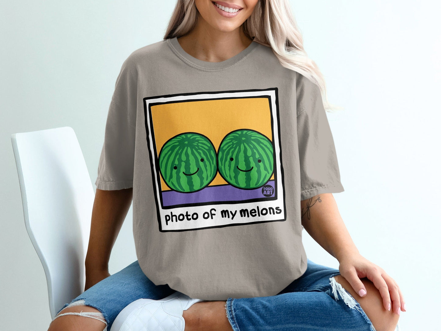 T-shirt featuring two smiling watermelons with "photo of my melons" text.