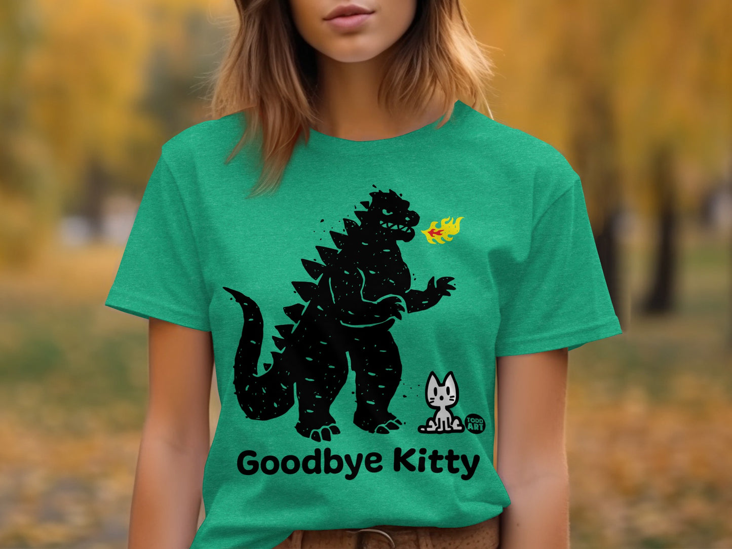 Goodbye Kitty T-shirt Dinosaur Breathing Fire Design