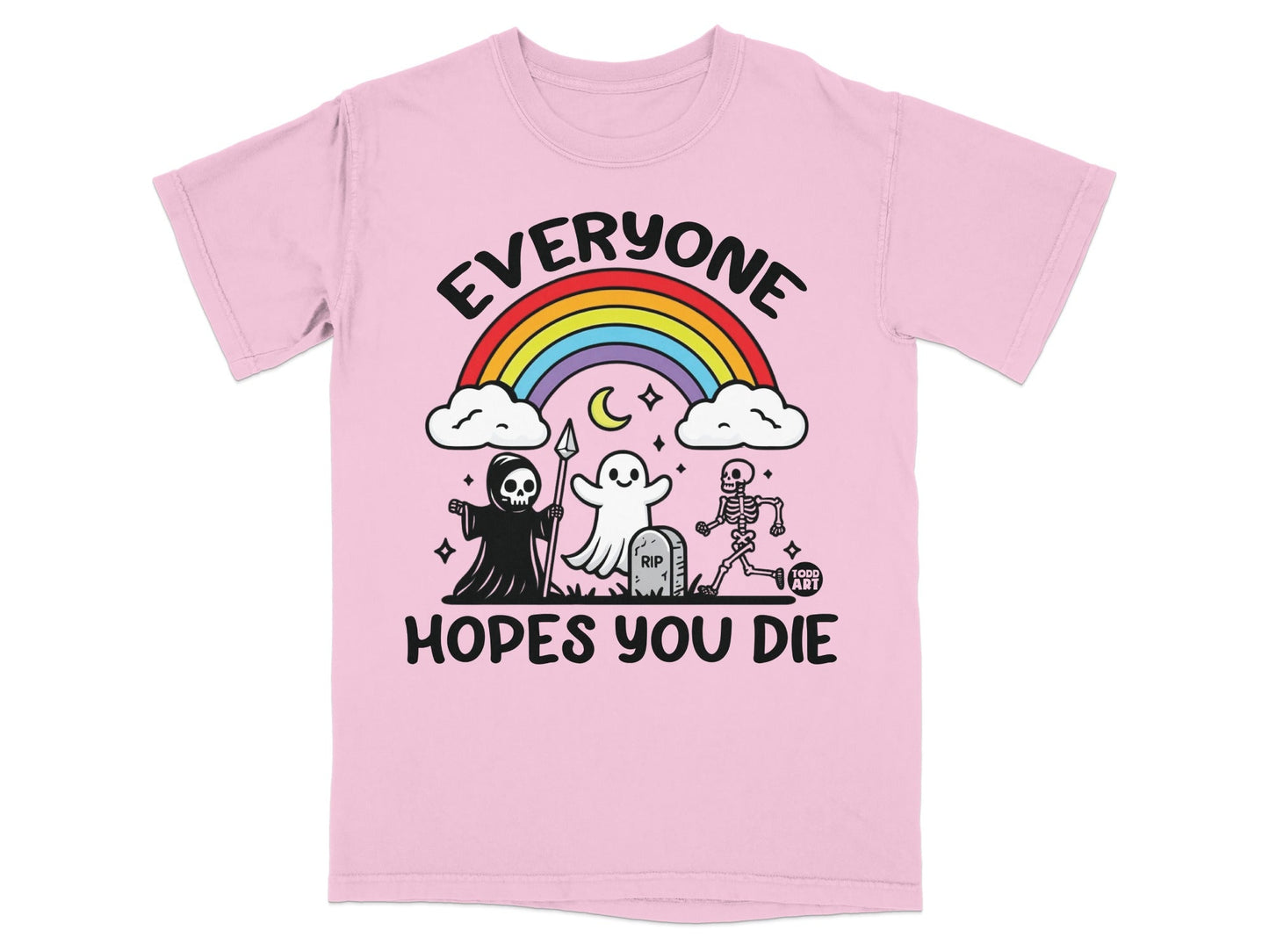 Pink t-shirt with "Everyone Hopes You Die" and skeleton graphic.