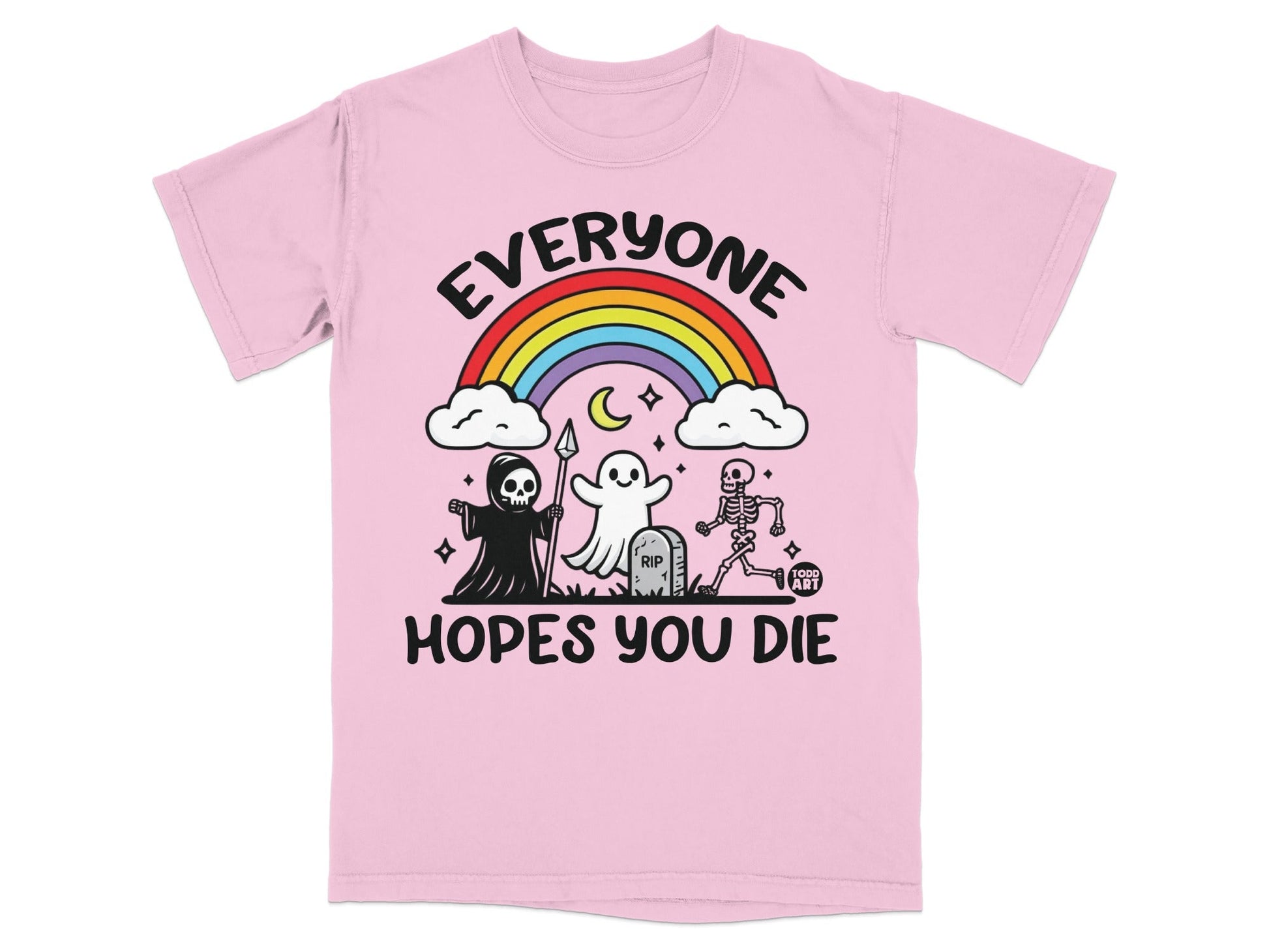 Pink t-shirt with "Everyone Hopes You Die" and skeleton graphic.