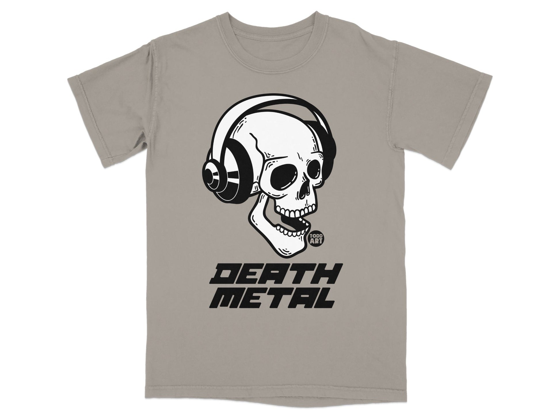 T-shirt with skull wearing headphones and "Death Metal" text.