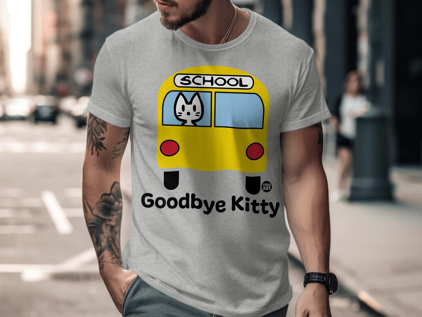 School Bus Cat Goodbye Kitty Graphic T-Shirt