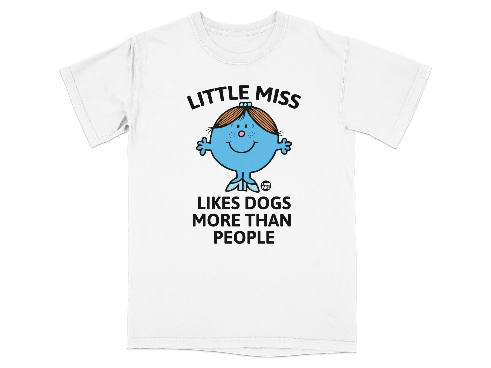 White t-shirt with "Little Miss Likes Dogs More Than People" text and character.