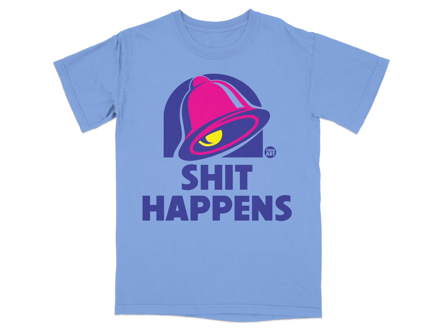 Light blue t-shirt with a pink and yellow bell logo and "SHIT HAPPENS" text.