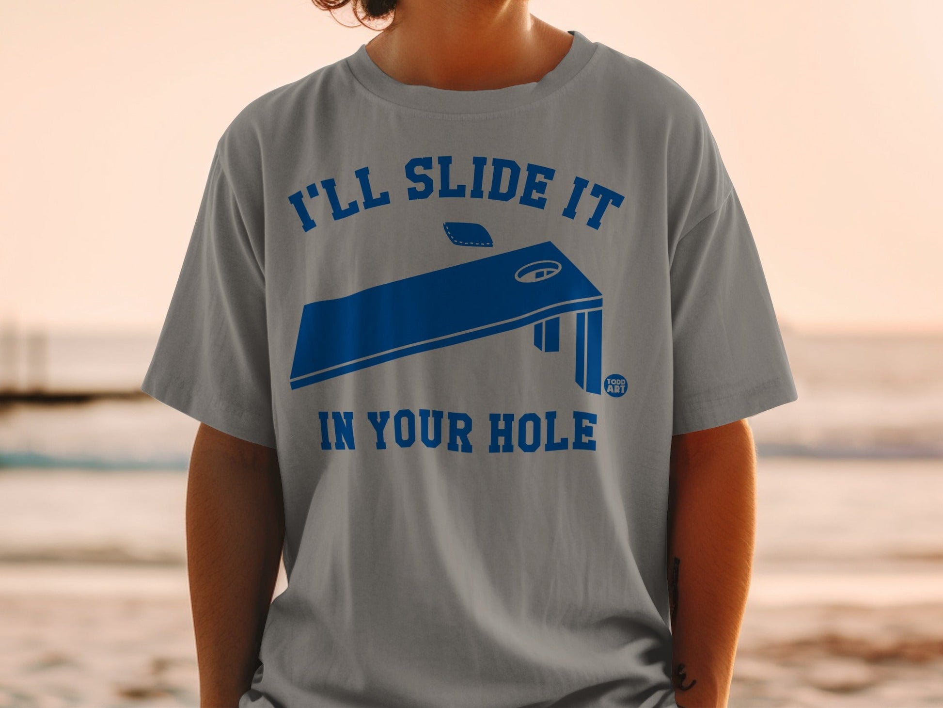 Cornhole board graphic with text "I'll slide it in your hole".