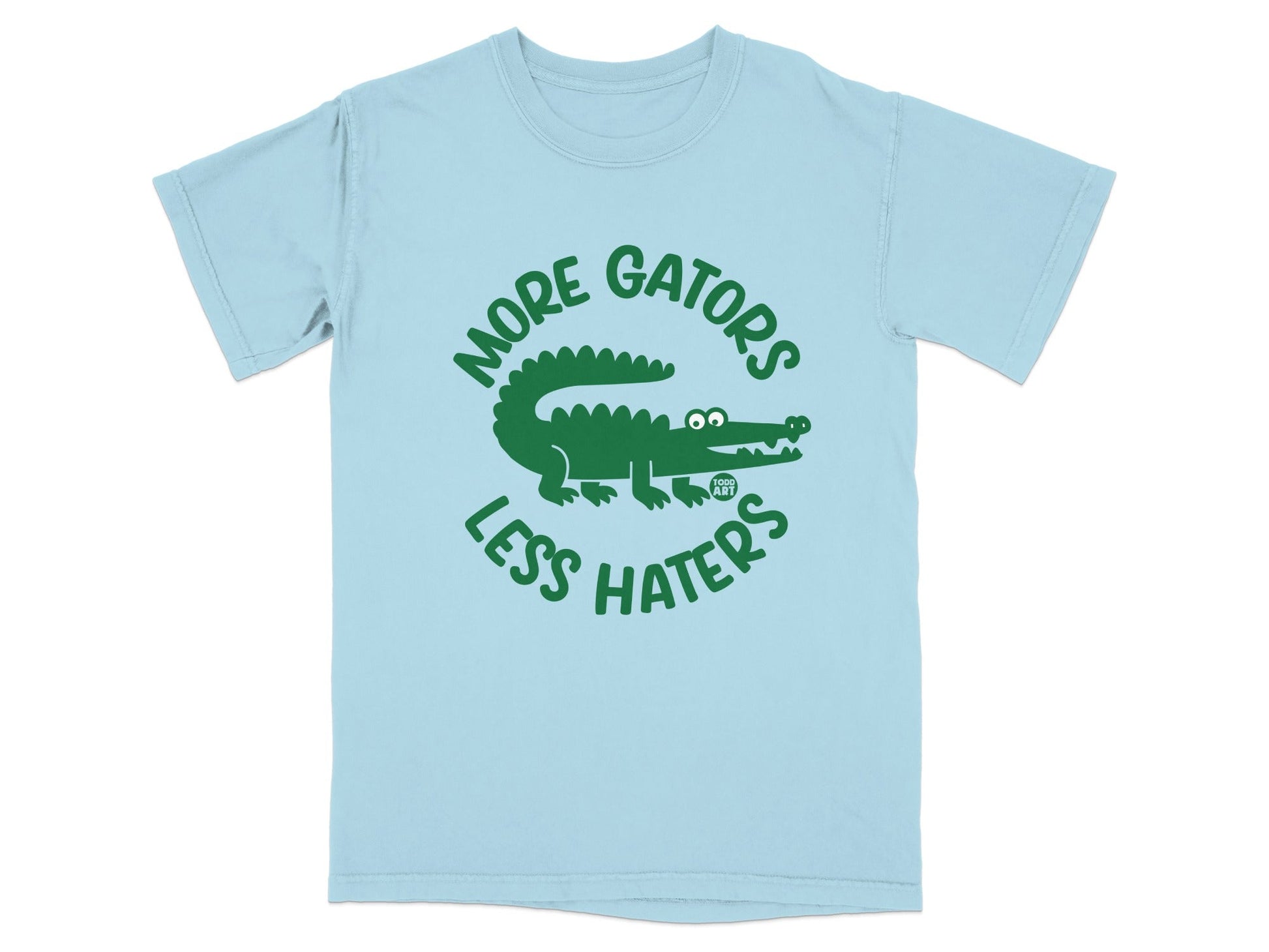 Light blue t-shirt with "More Gators Less Haters" and a green alligator graphic.