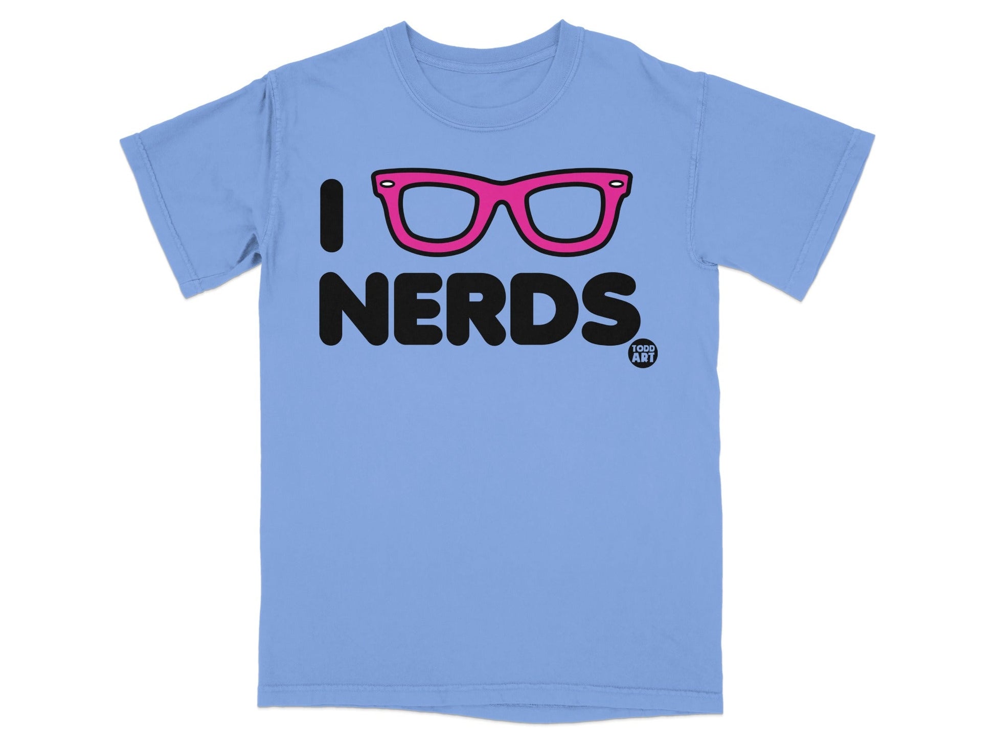 Light blue t-shirt with pink glasses and "I LOVE NERDS" text.
