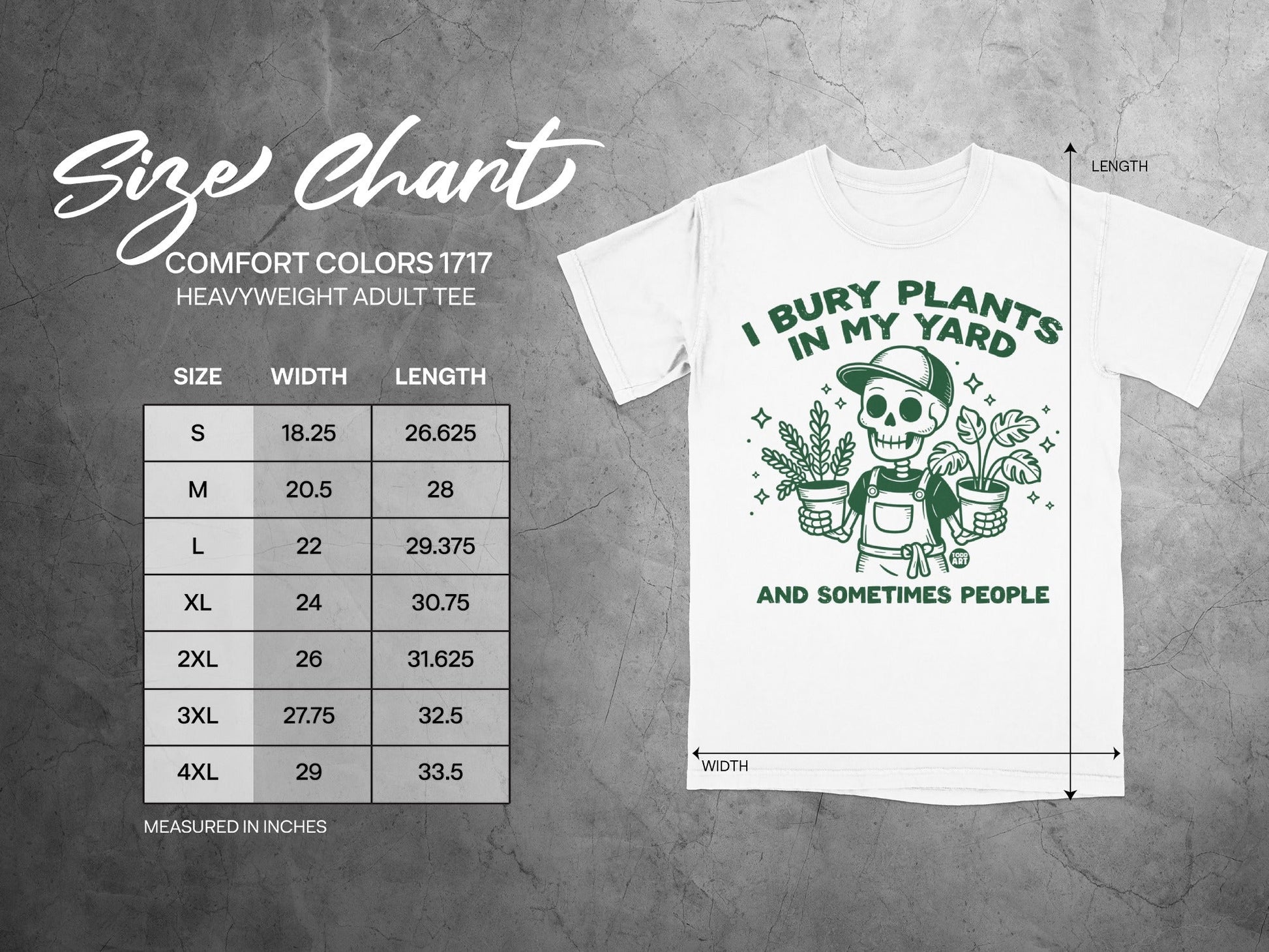 Comfort Colors 1717 heavyweight adult tee size chart with shirt graphic.