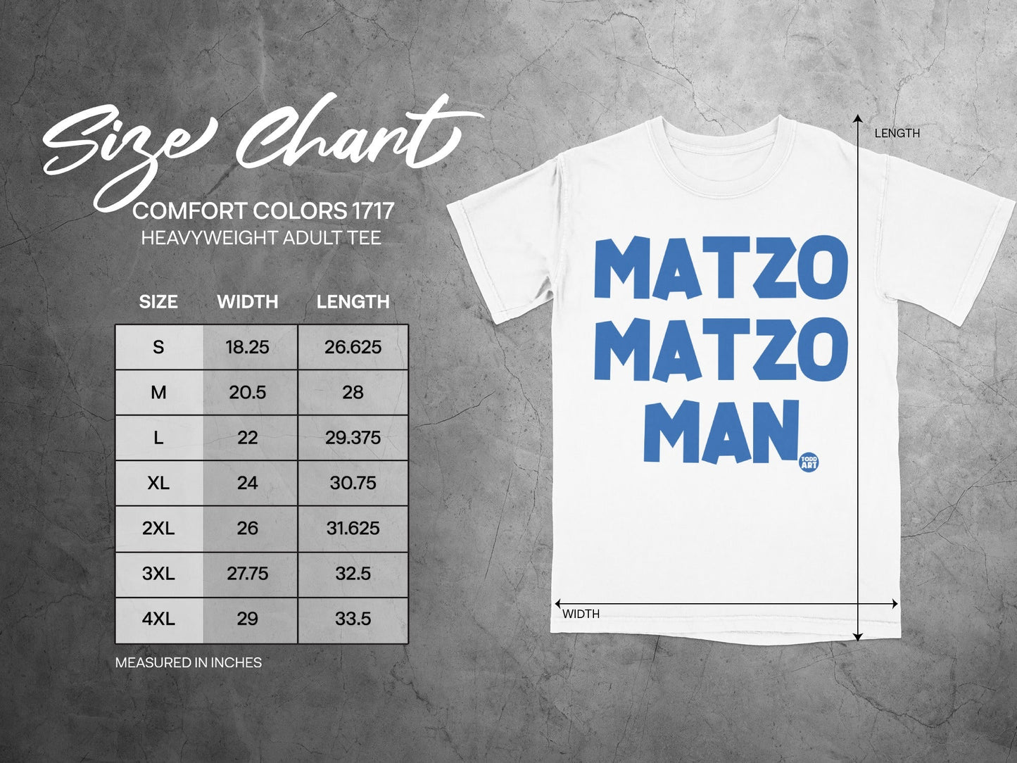 Comfort Colors 1717 heavyweight adult tee size chart with Matzo Man graphic.
