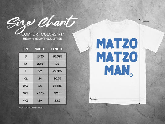 Comfort Colors 1717 heavyweight adult tee size chart with Matzo Man graphic.