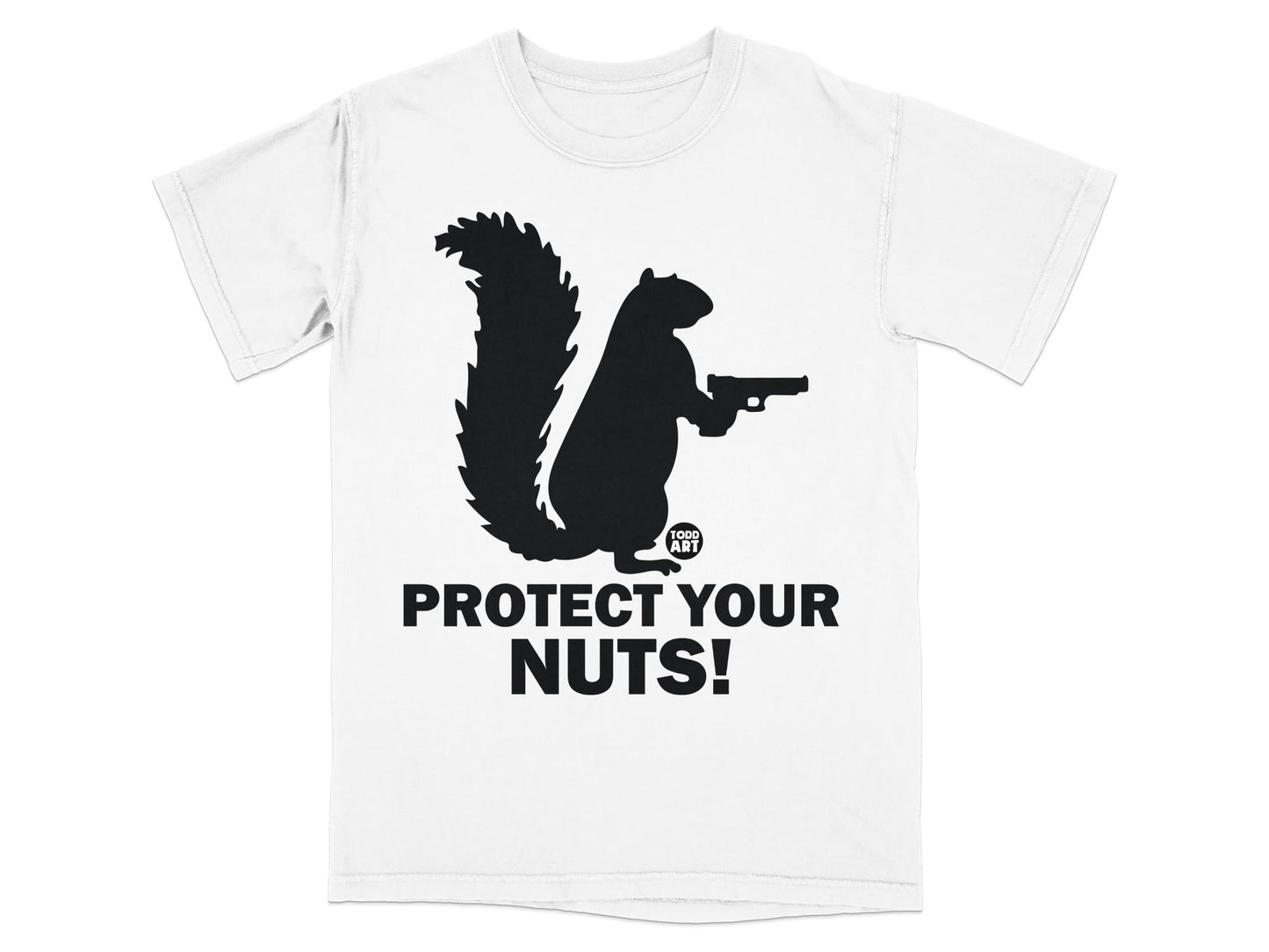 T-shirt with black squirrel silhouette holding a gun and text "PROTECT YOUR NUTS!".