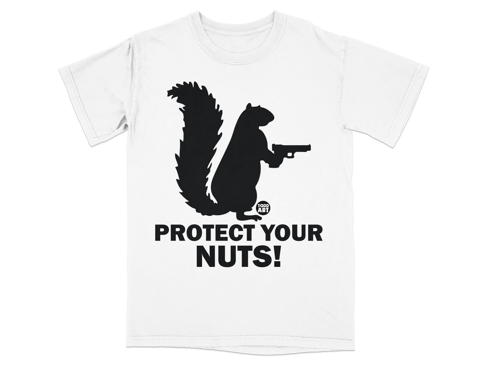 T-shirt with black squirrel silhouette holding a gun and text "PROTECT YOUR NUTS!".